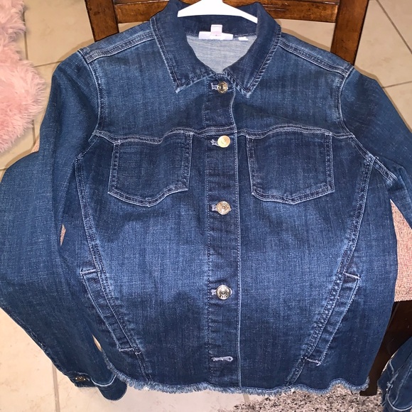 Chico's Jackets & Blazers - Signature Embroidered Chico's Navy Blue Denim Button Up Stretch Jacket